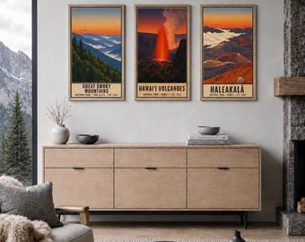 Set di 3 stampe artistiche da parete con tramonti, poster dei parchi nazionali, Great Smoky Mountains, vulcani delle Hawaii, Haleakala, paesaggi caldi.