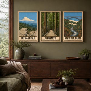 Op de afbeelding: Drie verticale kunstprints met illustraties van de nationale parken Shenandoah, Congaree en New River Gorge. Elke print bevat de parknaam, locatie en het oprichtingsjaar in zwarte tekst onderaan het ingelijste kunstwerk.