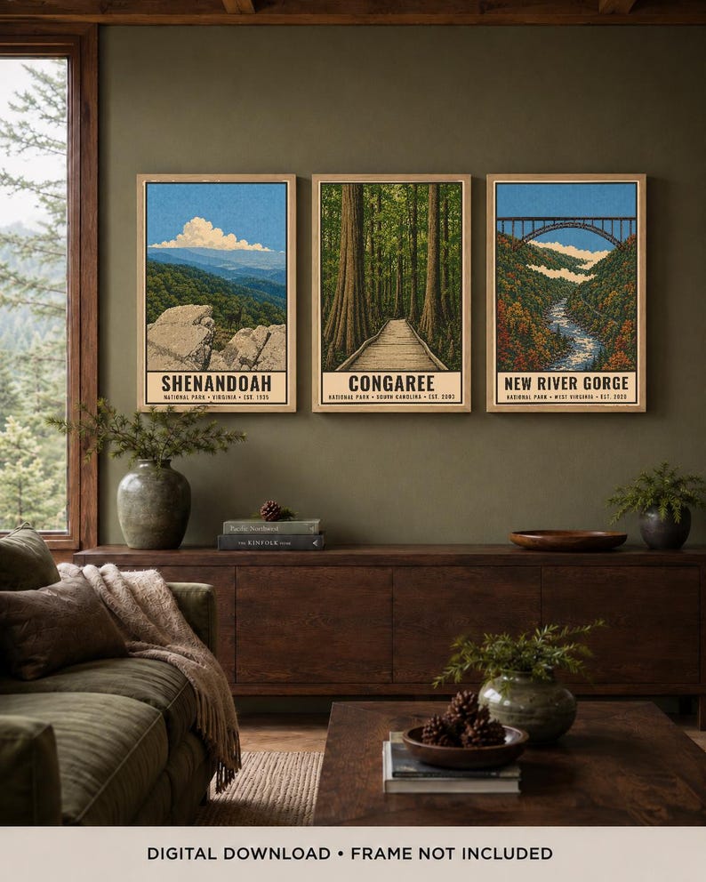 Op de afbeelding: Drie verticale kunstprints met illustraties van de nationale parken Shenandoah, Congaree en New River Gorge. Elke print bevat de parknaam, locatie en het oprichtingsjaar in zwarte tekst onderaan het ingelijste kunstwerk.