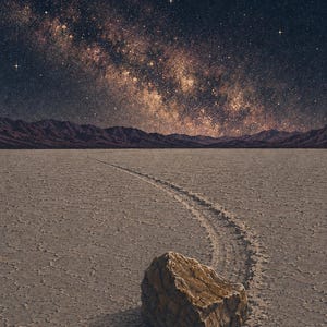 May include: A large, textured brown rock sits on a cracked, dry desert floor. A long, winding trail is etched into the ground behind the rock, leading towards a distant mountain range under a dark night sky filled with a bright, glowing Milky Way.