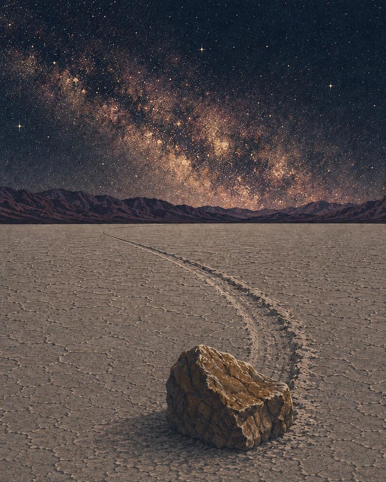 May include: A large, textured brown rock sits on a cracked, dry desert floor. A long, winding trail is etched into the ground behind the rock, leading towards a distant mountain range under a dark night sky filled with a bright, glowing Milky Way.