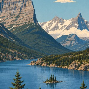 Peut inclure: Une illustration de paysage montrant un lac bleu profond entour&eacute; de for&ecirc;ts de pins vertes et de montagnes rocheuses imposantes. Une petite &icirc;le bois&eacute;e se trouve au centre de l'eau, tandis qu'un nuage blanc flotte dans le ciel bleu clair.