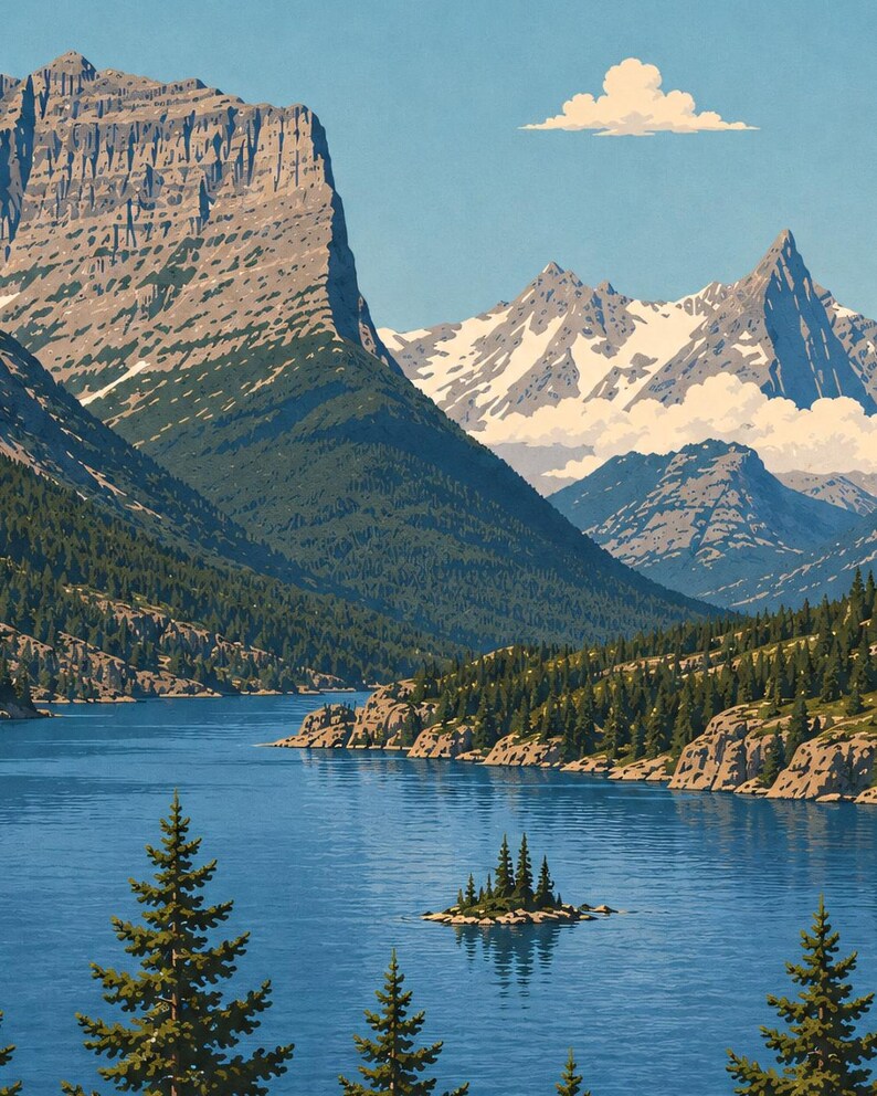 Peut inclure: Une illustration de paysage montrant un lac bleu profond entour&eacute; de for&ecirc;ts de pins vertes et de montagnes rocheuses imposantes. Une petite &icirc;le bois&eacute;e se trouve au centre de l'eau, tandis qu'un nuage blanc flotte dans le ciel bleu clair.