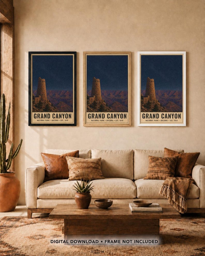 May include: Three vertical wall art prints featuring the Grand Canyon National Park, Arizona, established 1919. Each print displays a stone desert watchtower at night under a starry sky, framed in black, light wood, and white frames respectively.