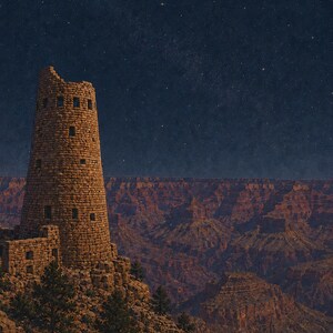 May include: A tall, cylindrical stone tower with multiple small square windows stands on a rocky cliff edge overlooking a vast, deep canyon under a dark night sky filled with numerous bright stars and a visible Milky Way galaxy band.