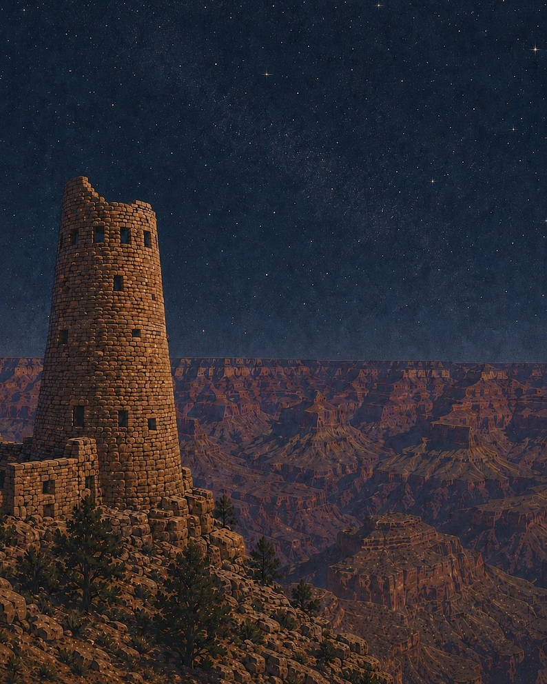 May include: A tall, cylindrical stone tower with multiple small square windows stands on a rocky cliff edge overlooking a vast, deep canyon under a dark night sky filled with numerous bright stars and a visible Milky Way galaxy band.