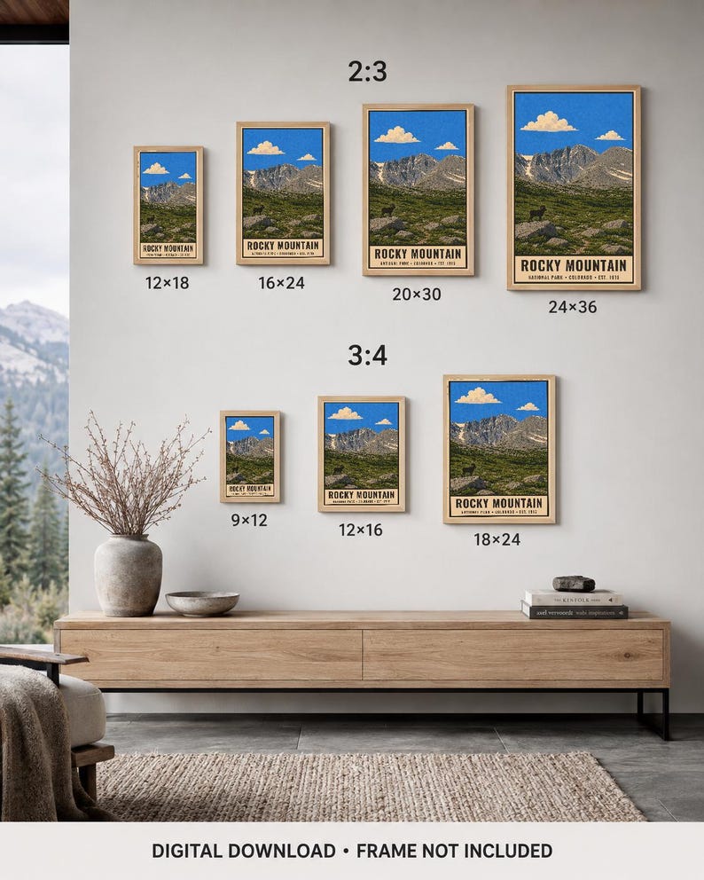 May include: A collection of framed Rocky Mountain National Park posters in various sizes, including 30x46, 41x61, 51x76, 61x91, 23x30, 30x41, and 46x61 cm. The prints feature a mountain landscape with blue sky, clouds, and text reading Rocky Mountain.