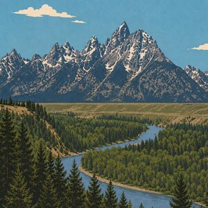 K&ouml;nnte beinhalten: Eine Landschaftsillustration mit einem sich schl&auml;ngelnden blauen Fluss, der durch einen dichten gr&uuml;nen Nadelwald flie&szlig;t und zu einem weiten Tal sowie einer hoch aufragenden, zerkl&uuml;fteten Bergkette mit schneebedeckten Gipfeln unter blauem Himmel f&uuml;hrt.
