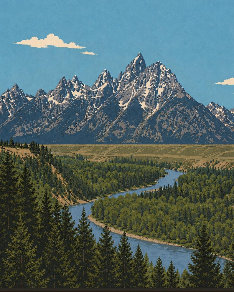 K&ouml;nnte beinhalten: Eine Landschaftsillustration mit einem sich schl&auml;ngelnden blauen Fluss, der durch einen dichten gr&uuml;nen Nadelwald flie&szlig;t und zu einem weiten Tal sowie einer hoch aufragenden, zerkl&uuml;fteten Bergkette mit schneebedeckten Gipfeln unter blauem Himmel f&uuml;hrt.