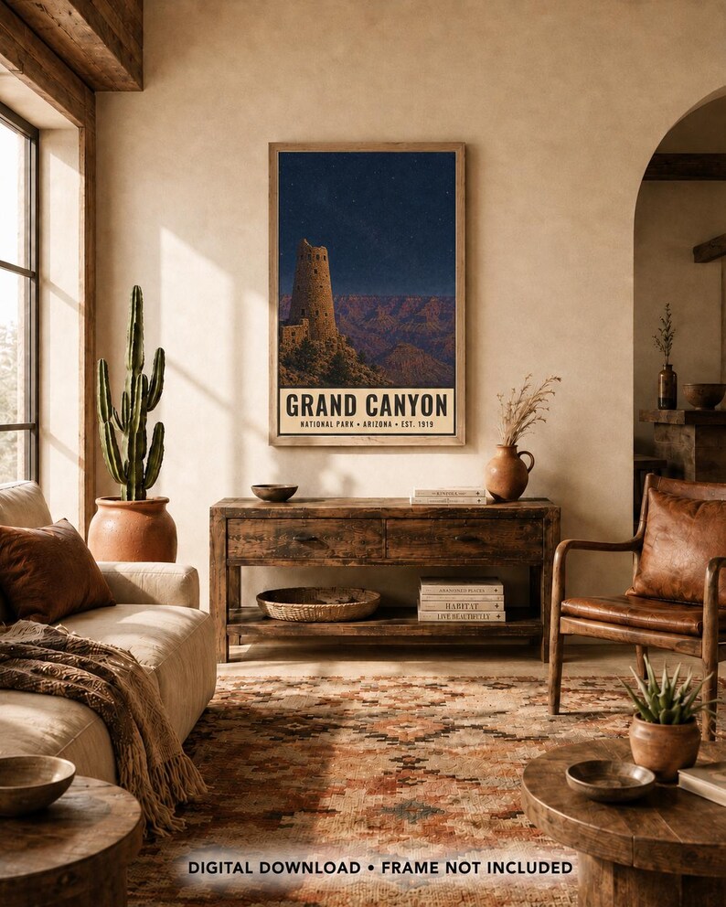 May include: A vertical rectangular wall art print featuring a night scene of the Grand Canyon with the Desert View Watchtower under a starry sky. The text reads GRAND CANYON NATIONAL PARK ARIZONA EST. 1919. The print is displayed in a wooden frame.