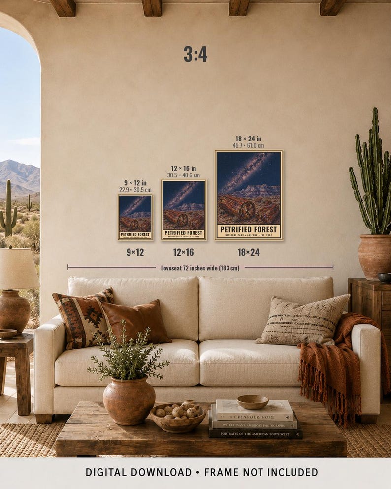 May include: Three rectangular wall art prints of Petrified Forest National Park, Arizona, displayed in 9x12, 12x16, and 18x24 inch sizes. Each print features a night sky with a starry galaxy above a desert landscape with petrified wood logs.