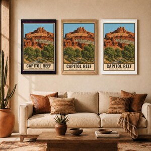 May include: Three vertical posters featuring a landscape illustration of Capitol Reef National Park in Utah. Each print displays red rock formations, green trees, and the text CAPITOL REEF NATIONAL PARK UTAH EST. 1971. The bottom text reads DIGITAL DOWNLOAD &bull; FRAME NOT INCLUDED.