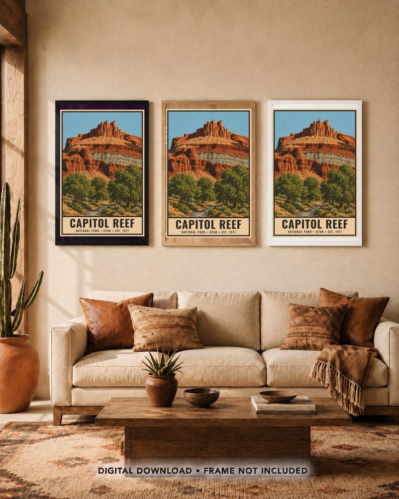May include: Three vertical posters featuring a landscape illustration of Capitol Reef National Park in Utah. Each print displays red rock formations, green trees, and the text CAPITOL REEF NATIONAL PARK UTAH EST. 1971. The bottom text reads DIGITAL DOWNLOAD &bull; FRAME NOT INCLUDED.