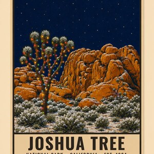 May include: A poster featuring a Joshua Tree decorated with colorful string lights against a dark starry night sky, with orange rock formations and snow-dusted desert shrubs. The text reads JOSHUA TREE NATIONAL PARK CALIFORNIA EST. 1994.