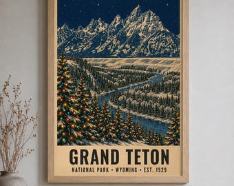 Grand Teton National Park, Christmas Poster, Wyoming. Snake River. Snow Winter Art (Digital Download)