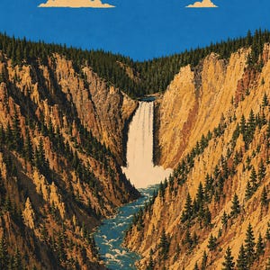 Peut inclure: Une impression d'art verticale repr&eacute;sentant une cascade se jetant dans une rivi&egrave;re au sein d'un canyon profond. Les parois du canyon sont des rochers brun dor&eacute; couverts de pins vert fonc&eacute;. Le ciel est bleu uni avec deux petits nuages.