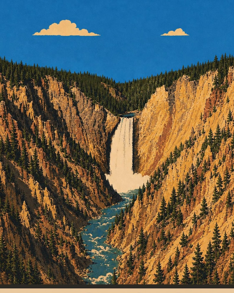 Peut inclure: Une impression d'art verticale repr&eacute;sentant une cascade se jetant dans une rivi&egrave;re au sein d'un canyon profond. Les parois du canyon sont des rochers brun dor&eacute; couverts de pins vert fonc&eacute;. Le ciel est bleu uni avec deux petits nuages.