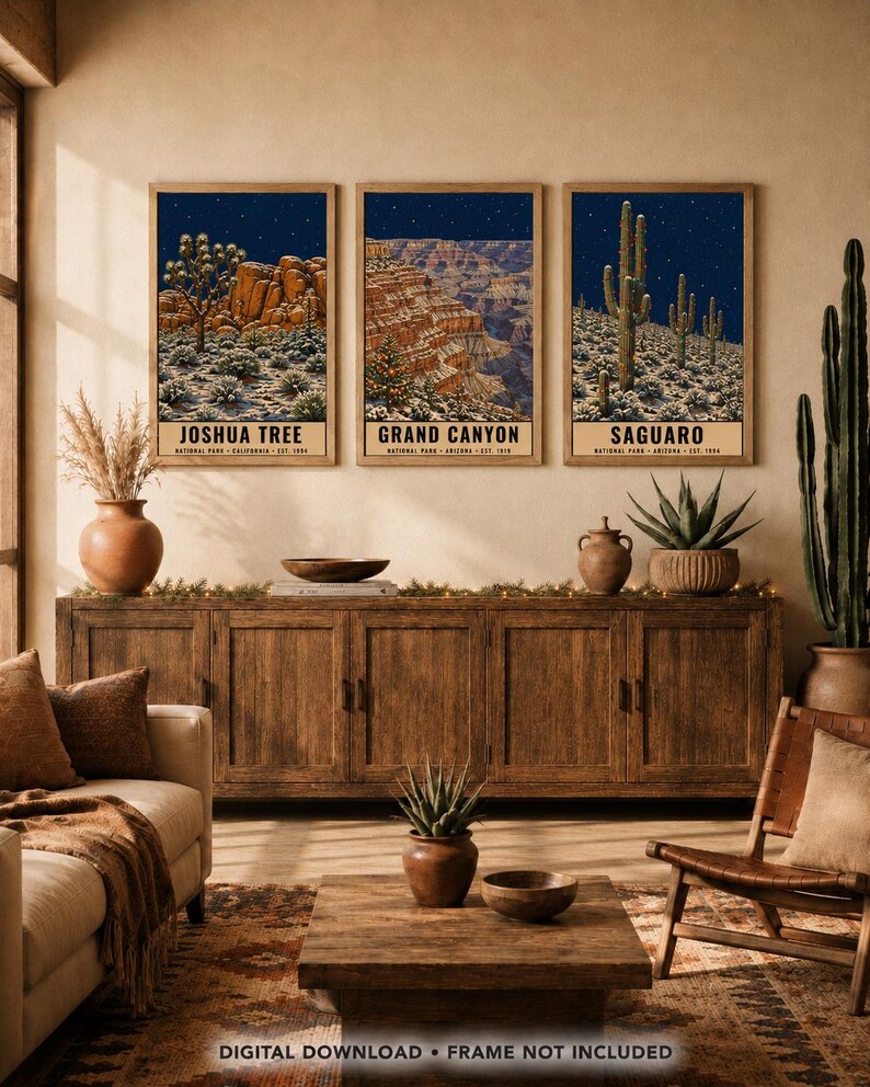 May include: Three framed vertical wall art prints depicting Joshua Tree, Grand Canyon, and Saguaro National Parks at night. Each print features a dark blue starry sky above a desert landscape with text at the bottom. Digital download, frame not included.
