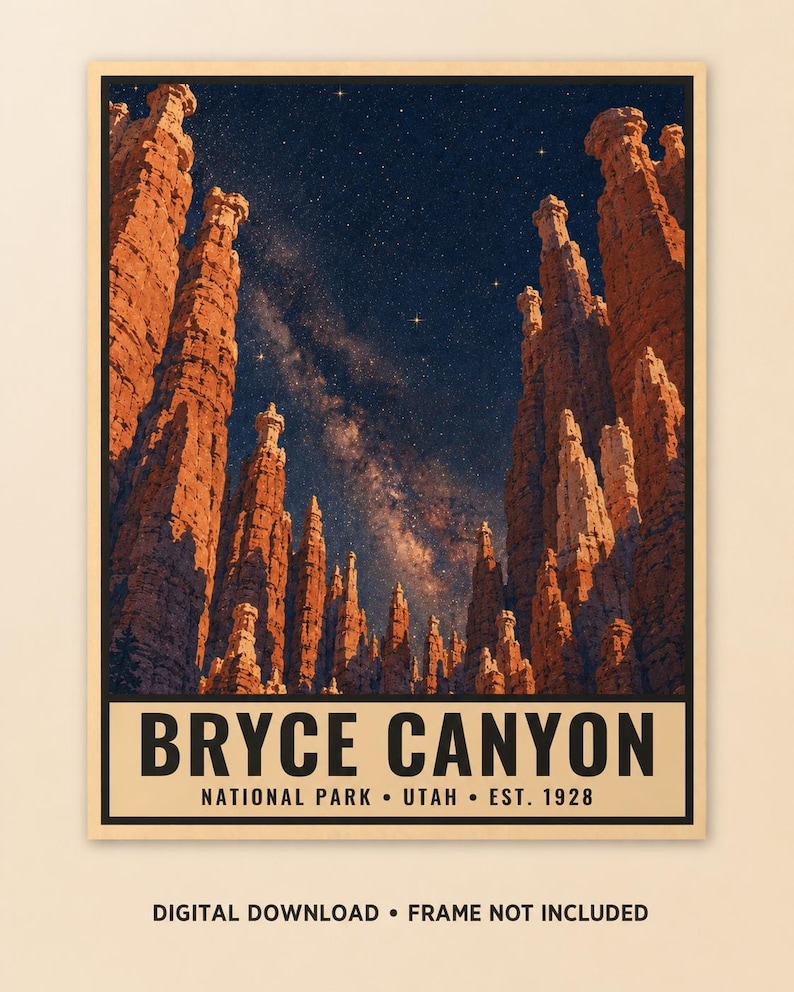 Utah Mighty Five Night Sky-posterset, 5 tryck med Vintergatans nationalpark, väggkonst med stjärnskådning (digital nedladdning) bild 6