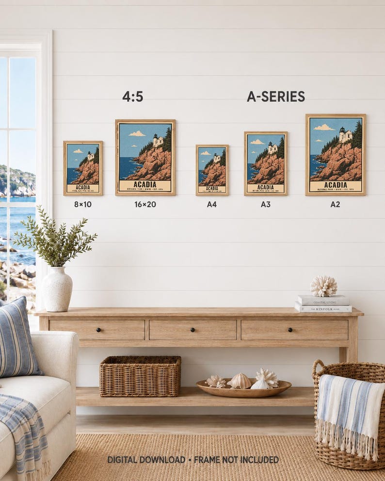 May include: Five framed wall art prints of Acadia National Park displayed on a wall, labeled with sizes 8x10, 16x20, A4, A3, and A2. The prints feature a lighthouse on a rocky cliffside by the ocean. Text reads: DIGITAL DOWNLOAD - FRAME NOT INCLUDED.