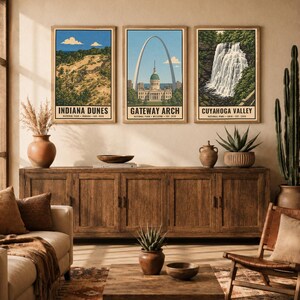Plakat z Parku Narodowego Indiana Dunes, wydruk z podróży po plaży nad jeziorem Michigan w stylu vintage, dekoracja ścienna z wydmami w stylu retro, dekoracja do druku w stylu WPA z lat 60. XX wieku zdjęcie 9