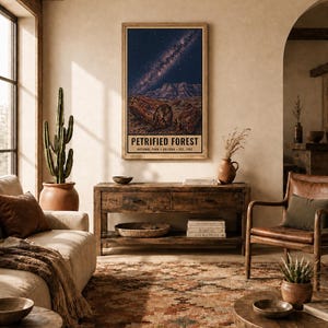 May include: A vertical rectangular wall art print featuring a night sky with a visible Milky Way galaxy above a desert landscape with petrified wood logs. The text PETRIFIED FOREST NATIONAL PARK ARIZONA EST. 1962 is printed at the bottom of the print.