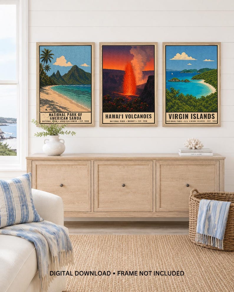 May include: Three framed vertical posters depicting National Park of American Samoa, Hawai'i Volcanoes, and Virgin Islands. Each print features a colorful landscape illustration with text identifying the park name, location, and establishment year.