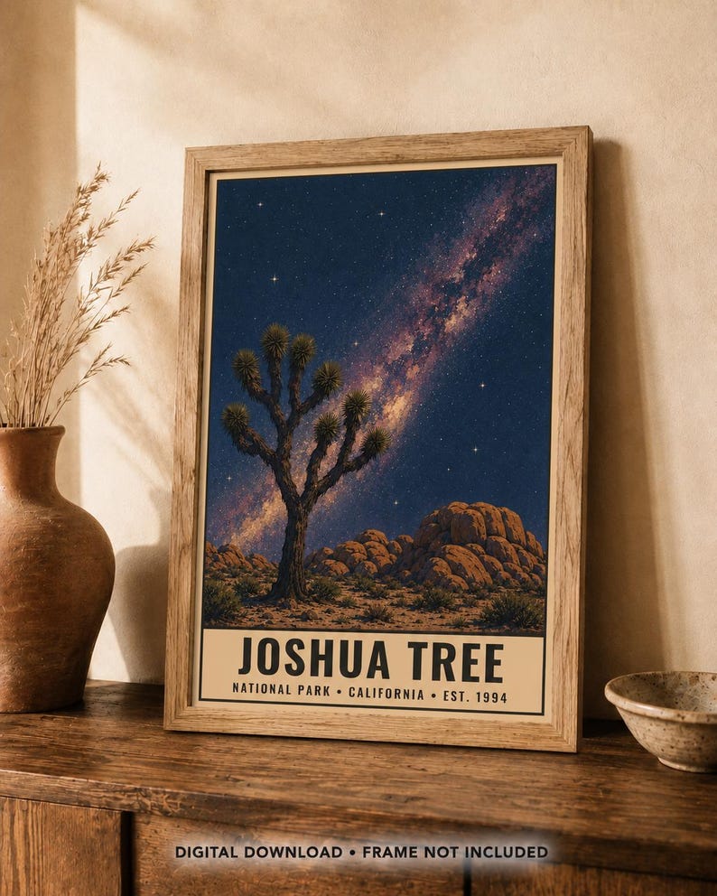 May include: A framed vertical poster featuring a night landscape of Joshua Tree National Park with a starry sky and a prominent Milky Way galaxy. The text at the bottom reads JOSHUA TREE NATIONAL PARK CALIFORNIA EST. 1994 in black font.