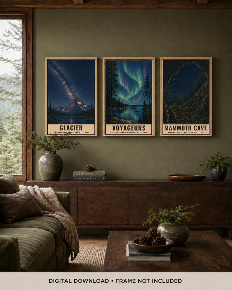 May include: A set of three vertical posters featuring national parks. The first shows Glacier with a starry sky, the second depicts Voyageurs with northern lights, and the third displays Mammoth Cave with a starry night. Text reads DIGITAL DOWNLOAD.