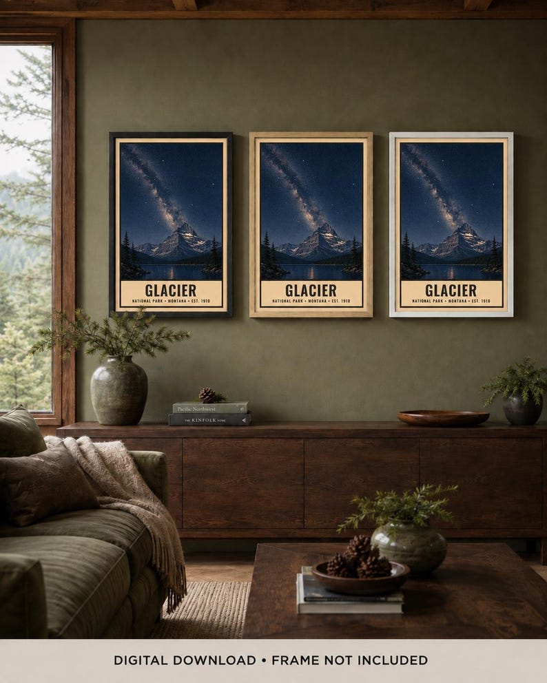 May include: Three vertical wall art prints featuring a night landscape of Glacier National Park, Montana, with a starry sky, mountain, and lake. Each print includes the text GLACIER NATIONAL PARK MONTANA EST. 1910 in a cream-colored border.