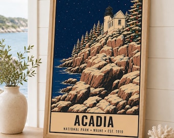 Acadia National Park, Christmas Poster, Bass Harbor Lighthouse, Maine, Winter Art (Digital Download)