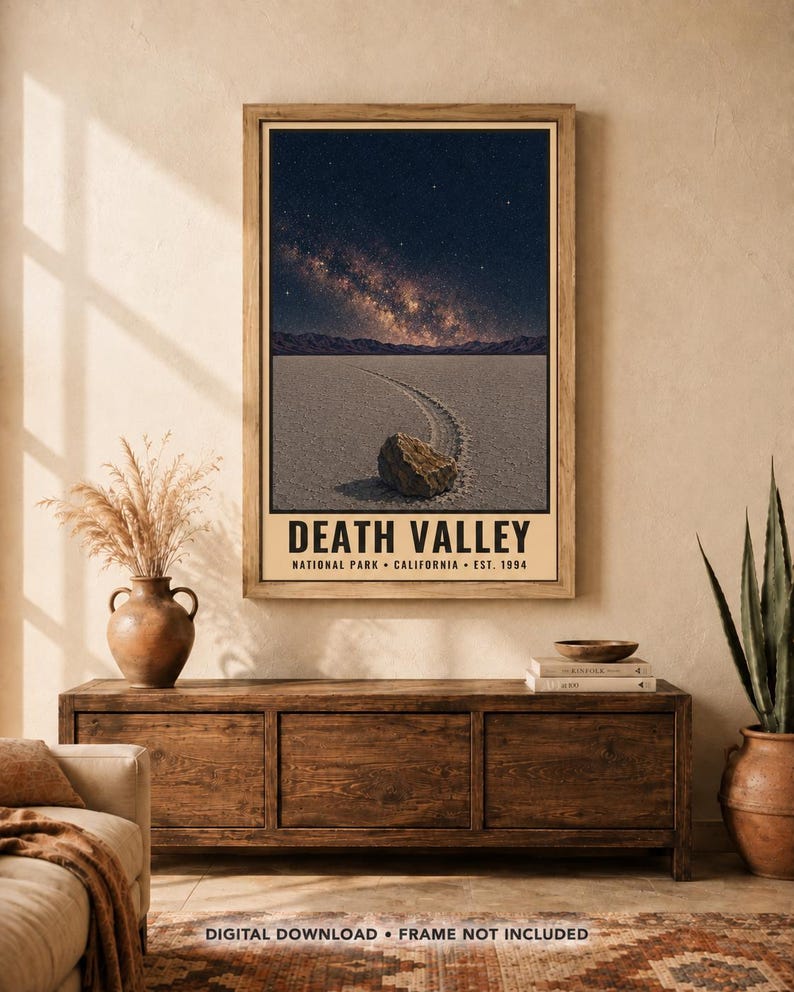 May include: A vertical wall art print featuring a night sky over Death Valley, California. The image shows a desert landscape with a rock and its trail in the foreground, beneath a starry Milky Way. The text reads DEATH VALLEY NATIONAL PARK CALIFORNIA EST. 1994.