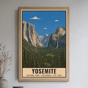 Plakat z Parku Narodowego Yosemite, Krajobraz Doliny Kalifornijskiej, Grafika podróżnicza w stylu vintage, Half Dome El Capitan, Dekoracja ścienna do druku, Cyfrowy zdjęcie 1