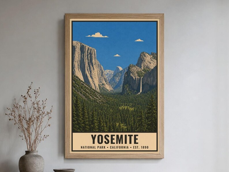 Plakat z Parku Narodowego Yosemite, Krajobraz Doliny Kalifornijskiej, Grafika podróżnicza w stylu vintage, Half Dome El Capitan, Dekoracja ścienna do druku, Cyfrowy zdjęcie 1