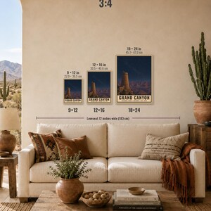 May include: Three vertical wall art prints of the Grand Canyon featuring a stone tower at night, displayed in 22.9x30.5 cm, 30.5x40.6 cm, and 45.7x61.0 cm sizes. The prints are shown above a 183 cm wide loveseat, illustrating a 3:4 aspect ratio for digital download.