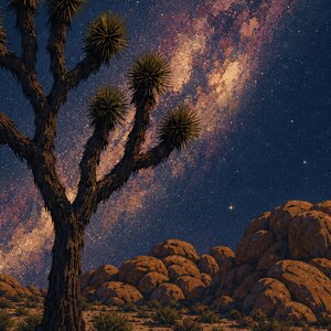 May include: A dark silhouette of a Joshua tree stands in a desert landscape with rounded brown rock formations under a night sky featuring a bright, glowing band of the Milky Way galaxy and numerous twinkling stars scattered across the dark blue expanse.