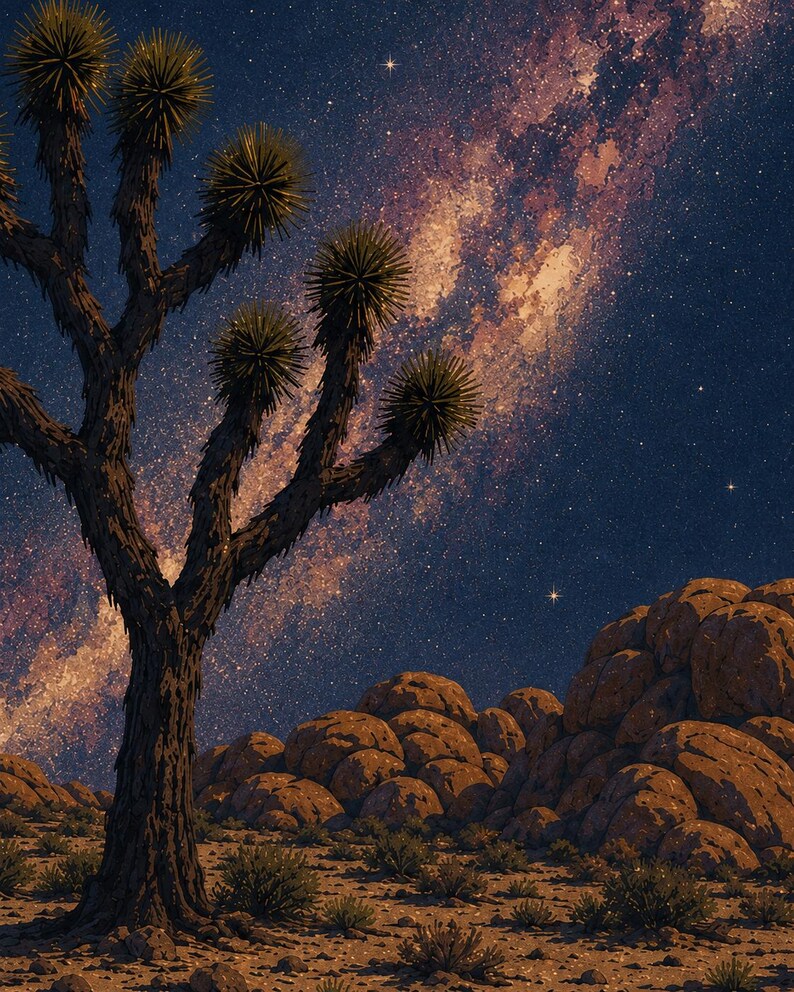 May include: A dark silhouette of a Joshua tree stands in a desert landscape with rounded brown rock formations under a night sky featuring a bright, glowing band of the Milky Way galaxy and numerous twinkling stars scattered across the dark blue expanse.