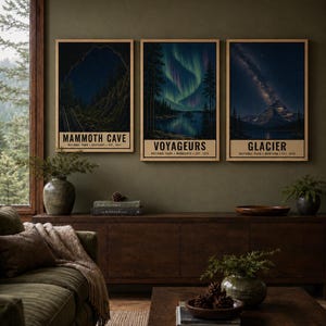 May include: Three vertical wall art prints featuring Mammoth Cave, Voyageurs, and Glacier National Parks. Each print displays a night landscape with text at the bottom identifying the park, state, and establishment year. Digital download format.