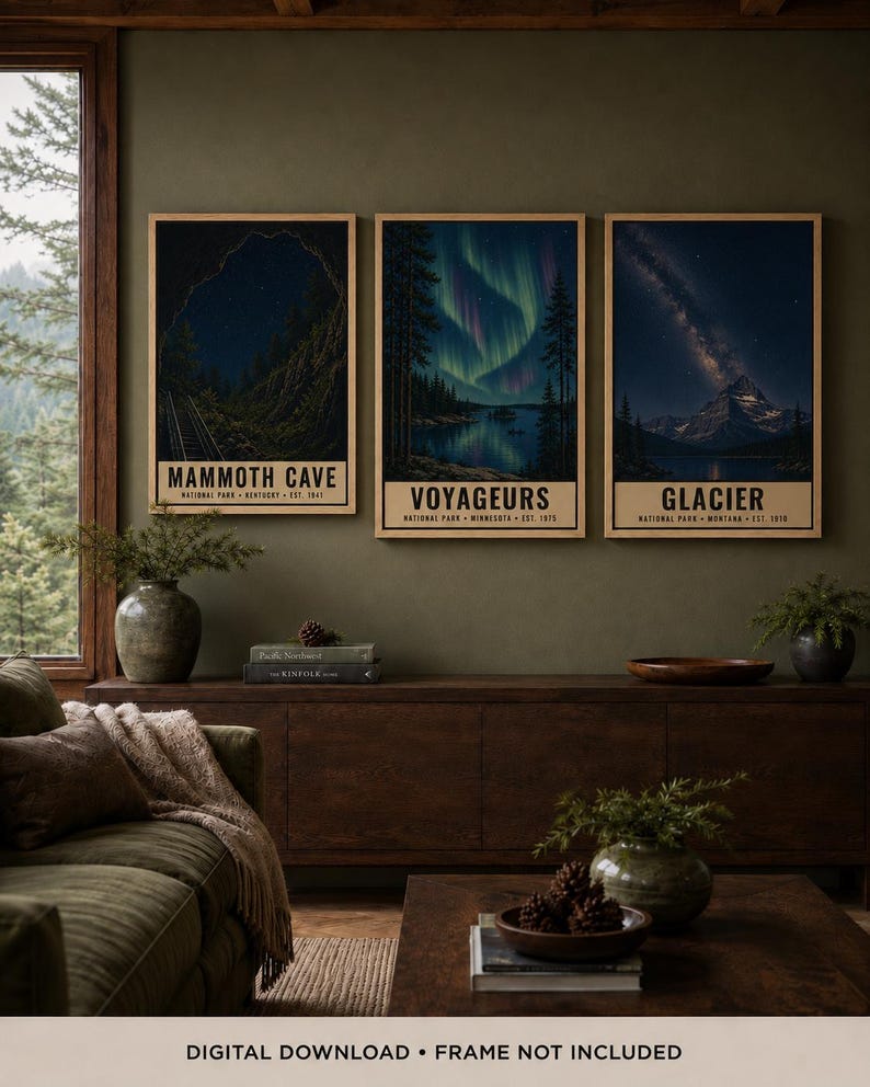 May include: Three vertical wall art prints featuring Mammoth Cave, Voyageurs, and Glacier National Parks. Each print displays a night landscape with text at the bottom identifying the park, state, and establishment year. Digital download format.