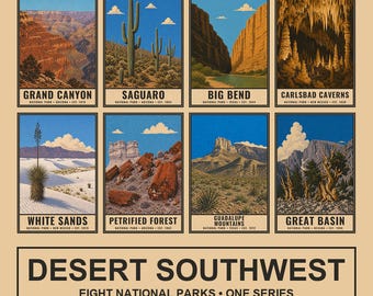 Desert Southwest National Parks Poster Bundle, Grand Canyon Saguaro Print Set, Retro Cactus Wall Art, WPA Style Southwest Digital Download