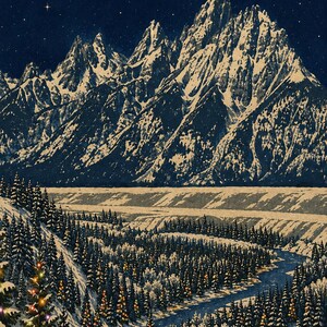 May include: A detailed illustration of a snow-covered mountain range under a dark blue starry night sky. A winding river flows through a dense forest of pine trees decorated with small, glowing multi-colored lights in a winter landscape.