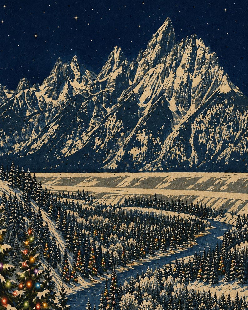 May include: A detailed illustration of a snow-covered mountain range under a dark blue starry night sky. A winding river flows through a dense forest of pine trees decorated with small, glowing multi-colored lights in a winter landscape.