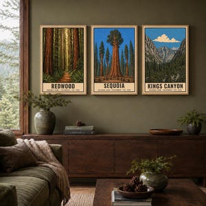 May include: Three vertical art prints featuring illustrations of Redwood, Sequoia, and Kings Canyon National Parks. Each print displays the park name, location, and establishment year. The text reads: DIGITAL DOWNLOAD &bull; FRAME NOT INCLUDED.