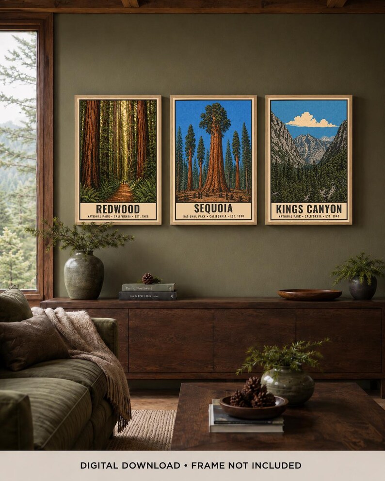 May include: Three vertical art prints featuring illustrations of Redwood, Sequoia, and Kings Canyon National Parks. Each print displays the park name, location, and establishment year. The text reads: DIGITAL DOWNLOAD &bull; FRAME NOT INCLUDED.