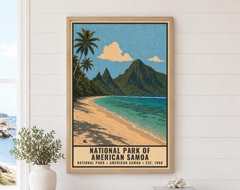 アメリカ領サモア国立公園ポスター、ヴィンテージ風オフビーチ旅行アートワーク、トロピカルアイランド装飾、印刷可能なダウンロード、南太平洋ギフト