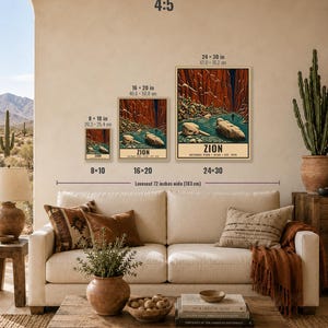 May include: Three rectangular wall art prints of Zion National Park featuring red canyon walls and a river, displayed in sizes 8x10 inches, 16x20 inches, and 24x30 inches. The text Zion National Park Utah Est. 1919 is printed at the bottom of each.