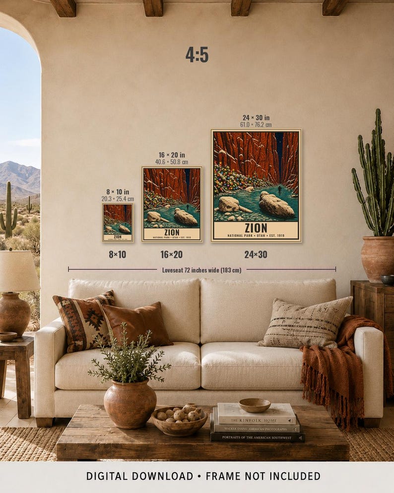 May include: Three rectangular wall art prints of Zion National Park featuring red canyon walls and a river, displayed in sizes 8x10 inches, 16x20 inches, and 24x30 inches. The text Zion National Park Utah Est. 1919 is printed at the bottom of each.