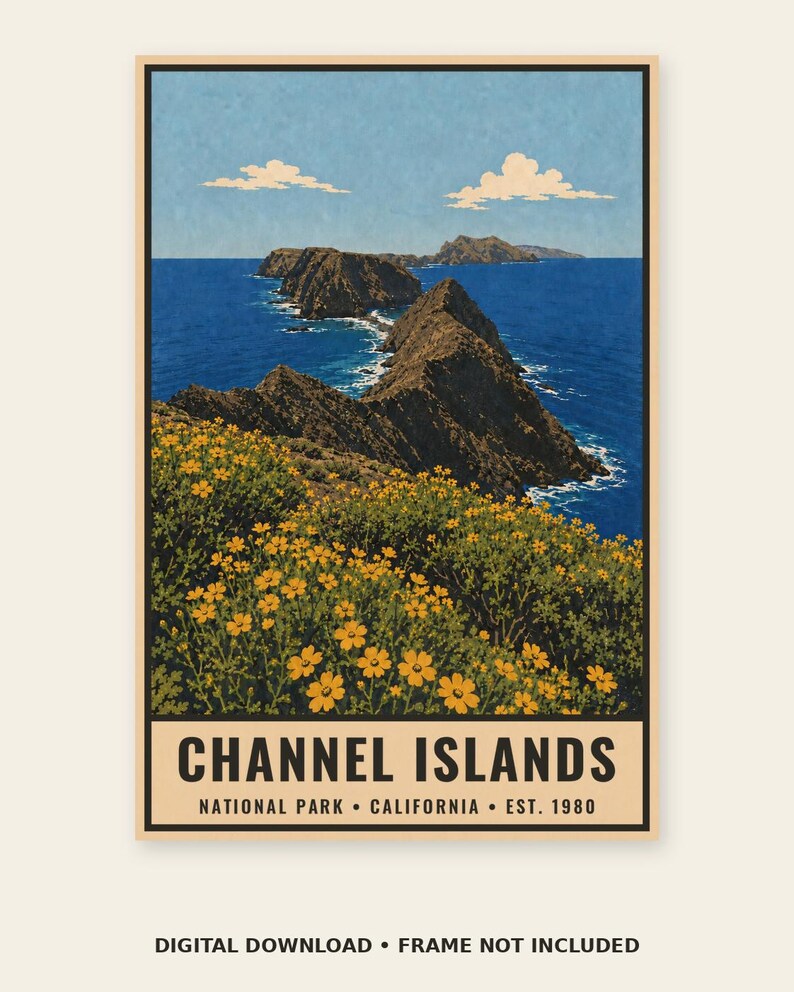 May include: A rectangular poster featuring a landscape illustration of Channel Islands National Park in California. The scene shows rocky cliffs extending into a deep blue ocean under a light blue sky with clouds, with yellow wildflowers in the foreground.