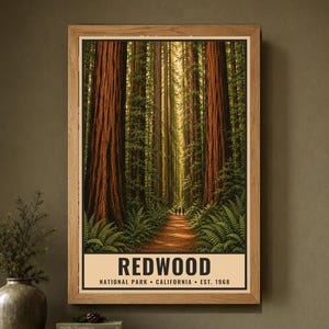 Redwood National Park Poster California Old Growth Forest Trail Vintage Travel Decor Printable Digital Download Wall Art image 1