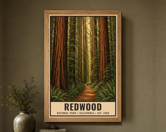 Redwood National Park Poster California Old Growth Forest Trail Vintage Travel Decor Printable Digital Download Wall Art